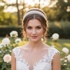 Bridal Faux Pearl  Rhinestone Headband White Padded Womens Hair Accessory Prom