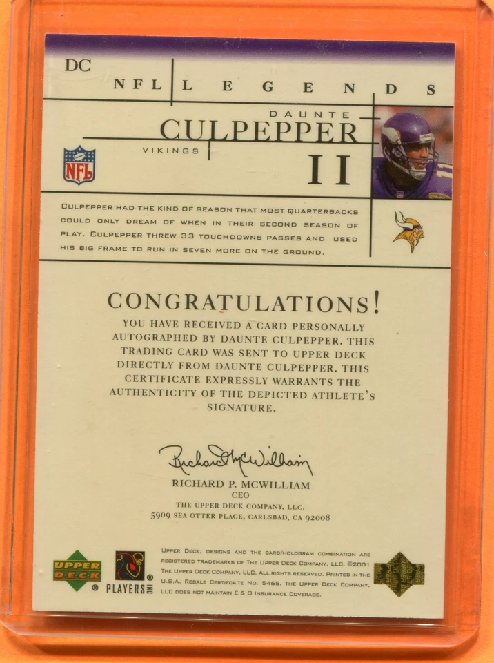 DAUNTE CULPEPPER MINNESOTA VIKINGS 2001 UPPER DECK LEGENDS #DC NFL AUTOGRAPH SSP - Image 2 of 2
