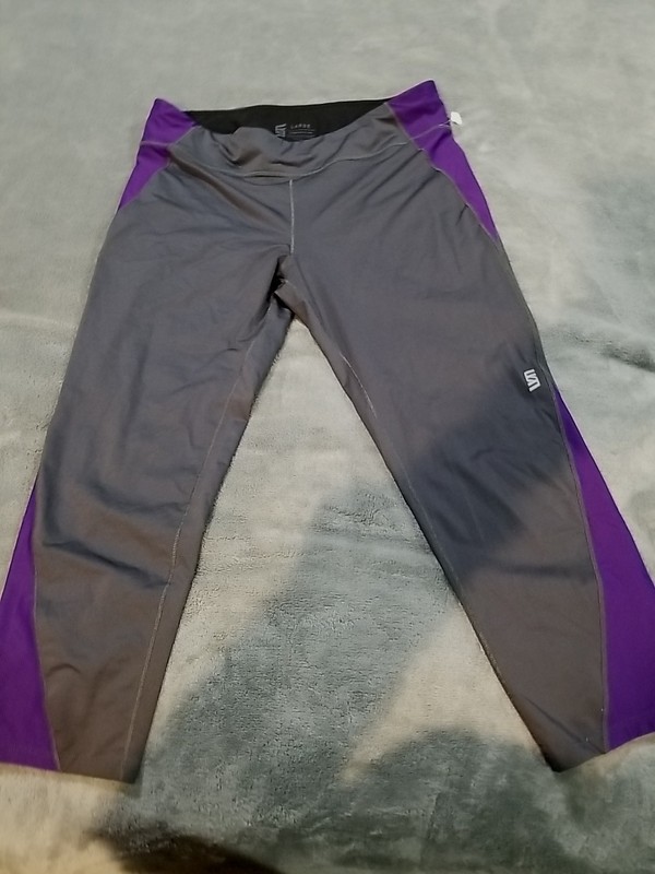 Second Skin Compression Yoga Pants Womens Large Purple Gray Capri Activewear 