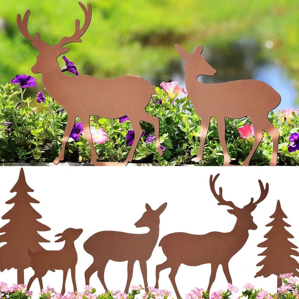 Metal Garden Stakes Set 5pcs Outdoor Yard Signs with Rustic Deer and Tree Art - Image 2 of 4