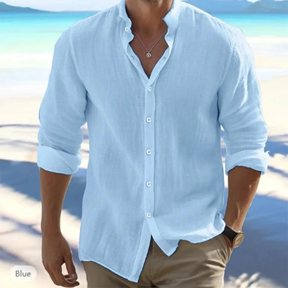 Men's Cotton Linen Long Sleeve Summer Beach Shirt Casual T-shirt Tee Party Gift - Image 4 of 4