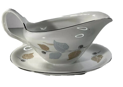 Bavaria Germany Fine China Silver Edging Mid-Century Blue Brown Leaf Gravy Boat