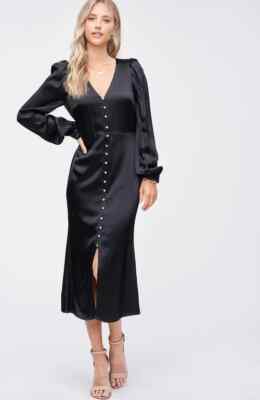 en saison black dress Women's En Saison Long Sleeve Satin Midi Dress, Size Small
