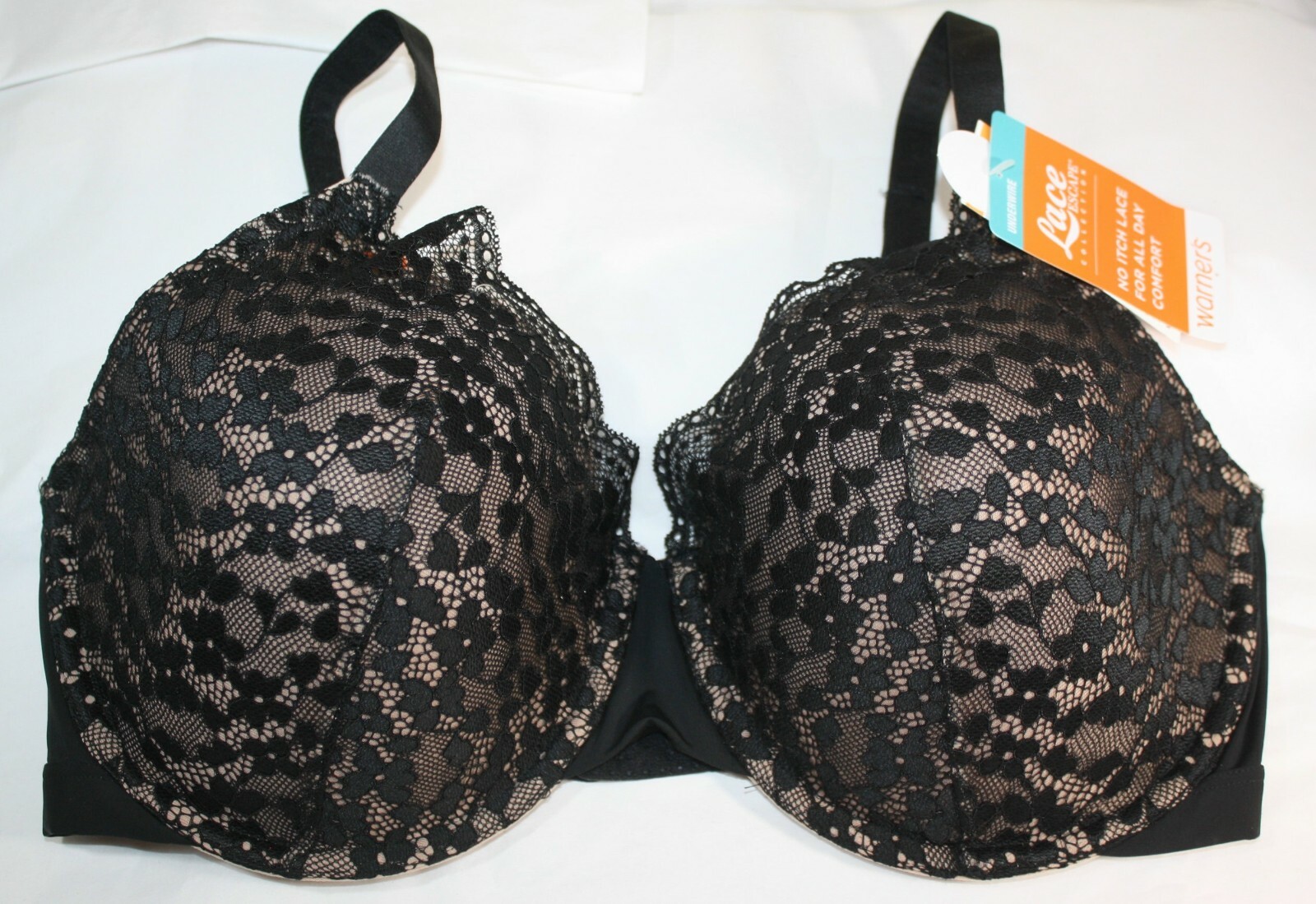 NEW WARNER'S Lace escape BRA rf3341A no itch in BLACK with beige lining
