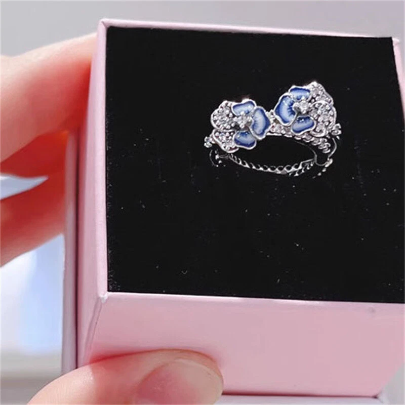 New 925 Sparkling Moments Blue Pansy Flower Stud Earrings - Image 4 of 4