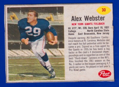 ALEX WEBSTER giants 1962 POST #30