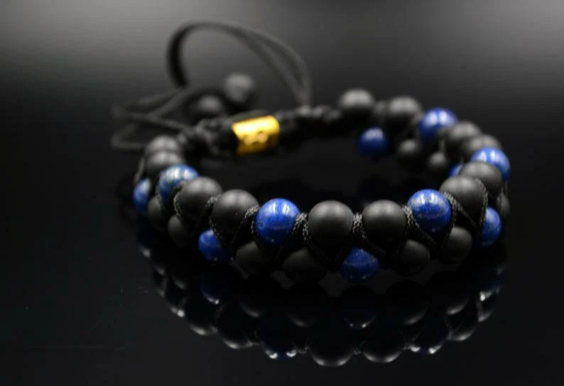 男式 Lapis lazuli Onyx 双排宝石手链 Macrame 礼物送给他 — 第 4/4 张图片
