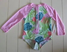 Girls Dot & Zazz 1 Pc Long Sleeve Pink Tropical Palm Swimsuit Sz 18-24M