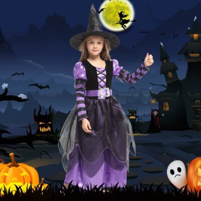 Magische Hexe Halloween Kostüm Cosplay Rollenspiel Lila Schwarz Kinder Mädchen X229