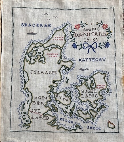 Vintage Map Of Denmark ("Danmark") Cross Stitch Embroidery 1963 17x20”