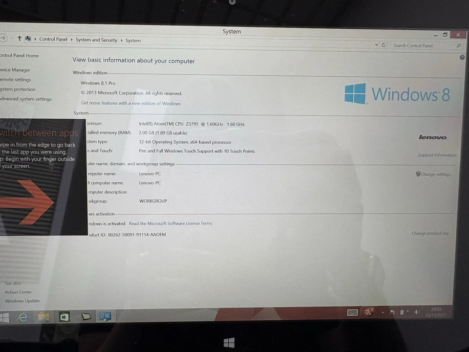 Lenovo ThinkPad 10 Tablet Intel gen 7 Atom Z3795 64GB SSD 2GB RAM Windows 8.1 - Image 2 of 4