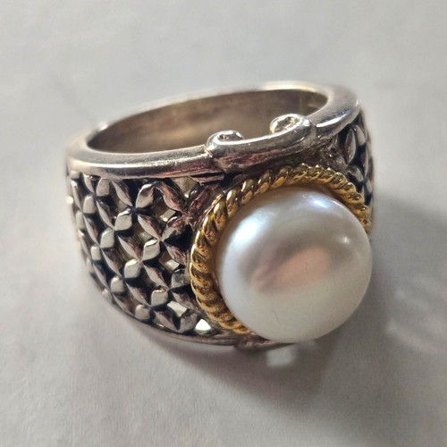 Sterling Silver 14k Gold White Pearl Ring Dome Shaped Large Signed ATR Thailand - Picture 3 of 9