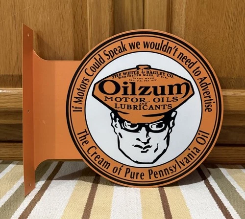 Oilzum Motor Oil Flange Sign Doubled Sided Gas Garage Vintage Style Wall Decor