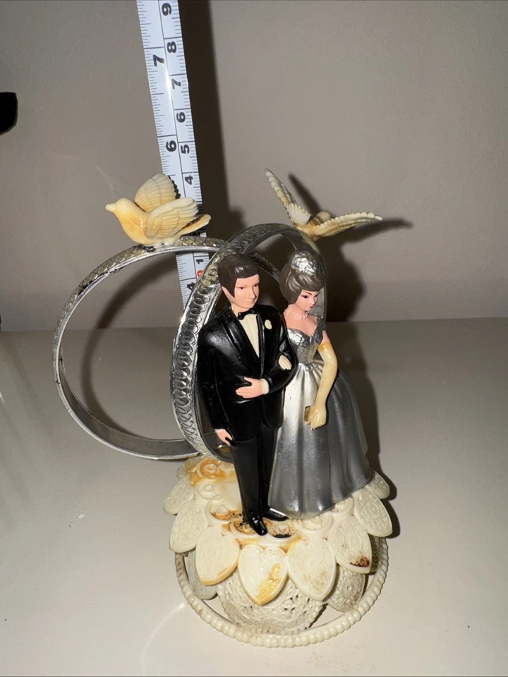 VTG 1970s Silver Rings 5" Bride & Groom Wedding Cake Topper By Wilton As is * - Image 4 of 4
