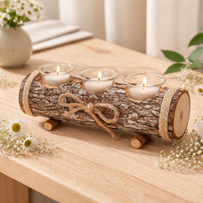 Resin Wood Effect Triple Tealight Holder Log Table Centrepiece 25x9cm