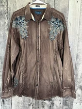 Roar Signature Edition Sz Large Shirt Embroidered Distressed Long Sleeve Brown