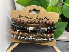 5 PC Handmade Boho Wood Bead Stackable 7  Plus Stretch Charm Bracelet Set B6609