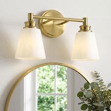 2-Light Brushed Gold Vanity Light, Milk White Glass Shade