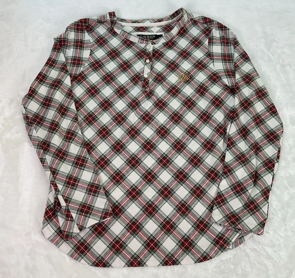 Lauren Ralph Lauren Plaid Pajama 2 PC Set SZ Medium Comfort Stretch Red White - Image 3 of 4