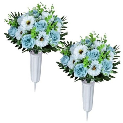 Artificial Cemetery Flowers, Spring Memorial Bouquet with Vase, Outdoor Grave