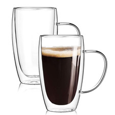 2x Double Wall Insulated Glass Coffee Mugs 450ml Clear Tea Cups with Handle