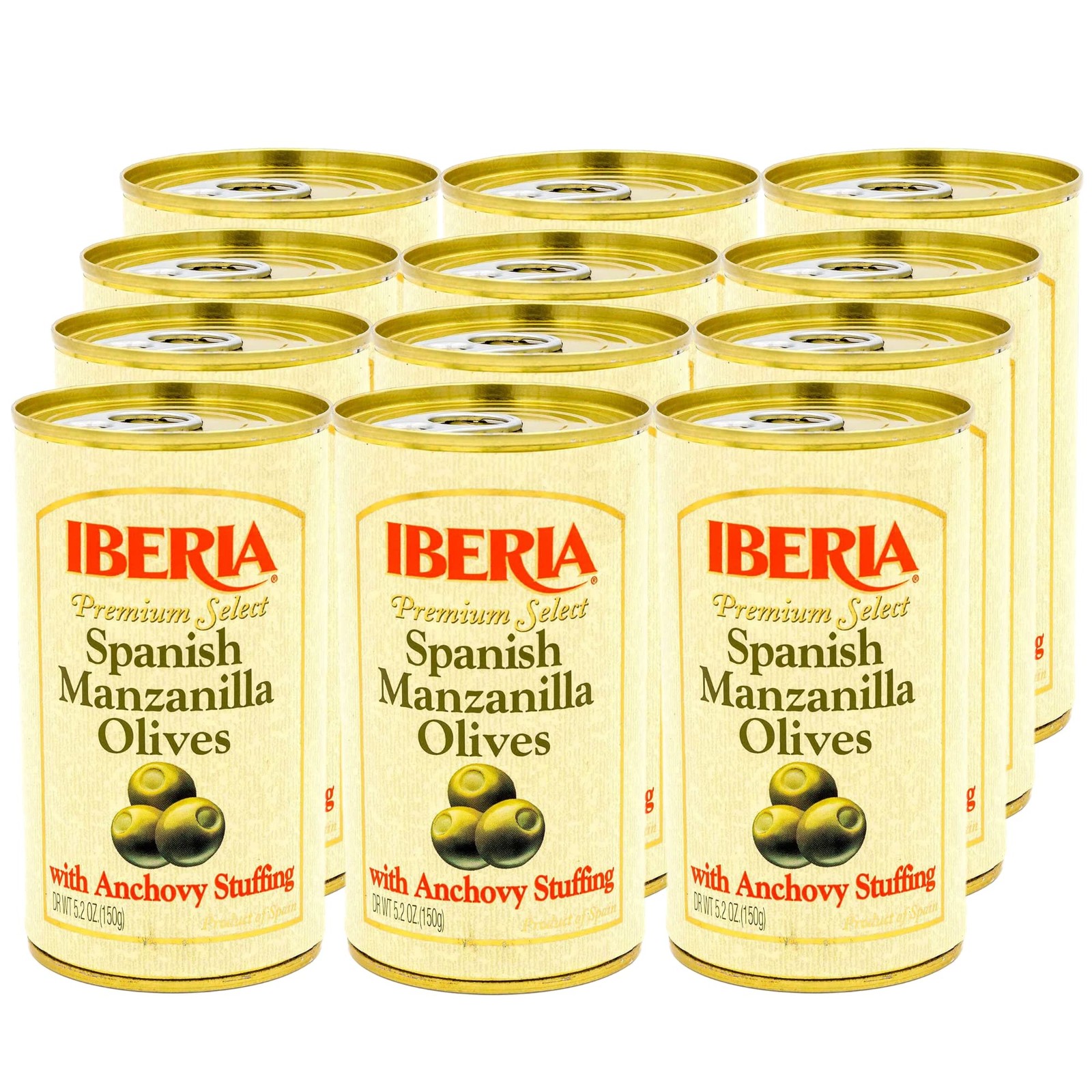 Aceitunas Manzanilla Españolas Iberia Rellenas de 5,2 Onzas (Pack de 12), Verde