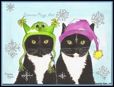 Cute Tuxedo Cats in their winter holiday hats, Christmas, notecard 0418