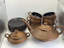 Vintage Studio Pottery Tea Set Teapot Cups Saucers Sugar Brown Black Interior