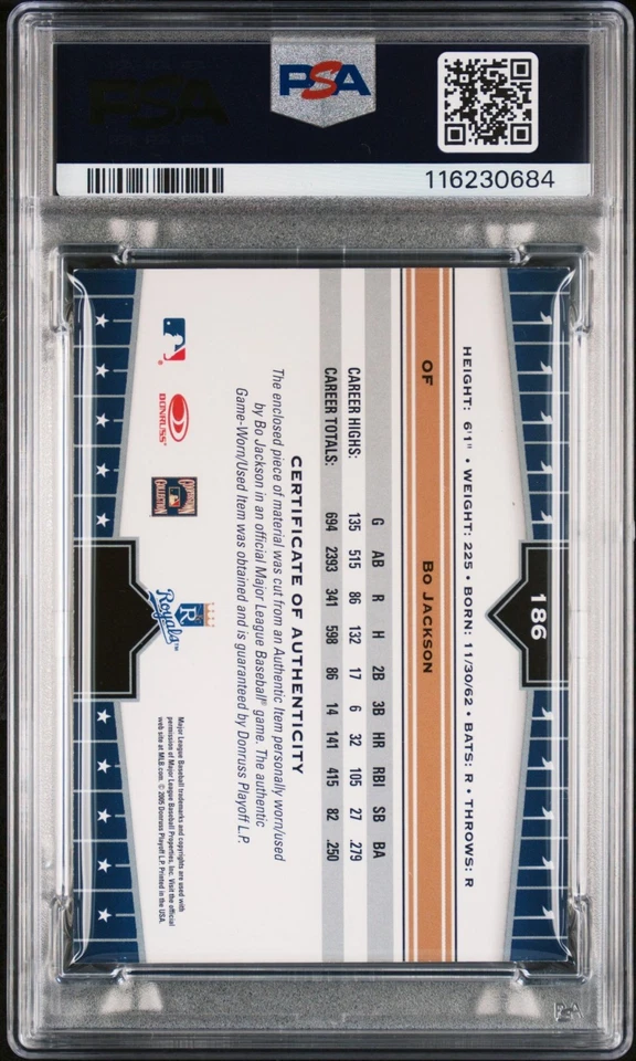 Tarjeta firmada por murciélago usada juego Donruss Champions Bo Jackson 2005 #186 automática PSA 10 Foto 2 de 2