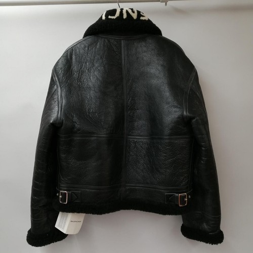BALENCIAGA Leather Shearling Bomber Jacket Lambslin Men's Size 50 Black USED - Picture 2 of 19