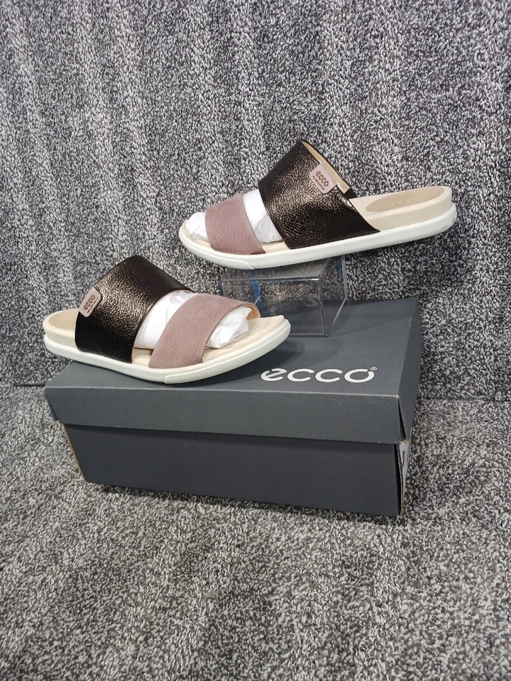 Nuevas Sandalias Planas ECCO Damara Slides Cuero EE. UU. 10.5 / UE 41 Regaliz/Topo Profundo Foto 3 de 4