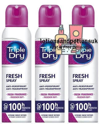 3 X Triple Dry FRESH FRAGRANCE 100HR Anti Perspirant Deodorant 150ml