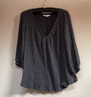 Anthropologie Eri + Ali Top Medium Gloria Waffle Knit V-Neck 3/4 Sleeve Gray