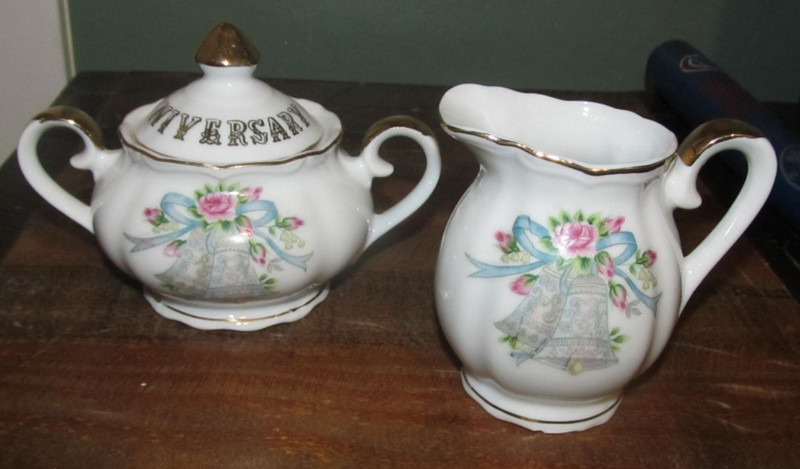 Lefton Wedding Happy Anniversary Vintage Sugar Bowl w/ Lid & Creamer