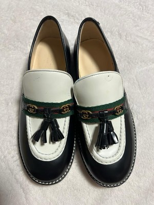 Authentic GUCCI White / Black Leather Loafers Boys Shoes Size EU 32 US 1