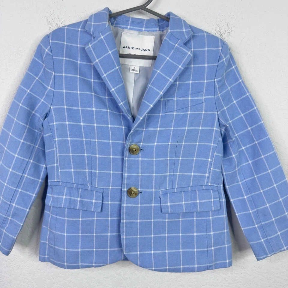 Blazer Janie and Jack ragazzo 4 blu misto lino plaid finestra preppy formale - Immagine 3 di 4