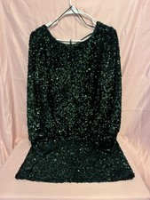 GB Green Sequin Backless Long Sleeve Short Mini Dress Round Neck Size L Regular