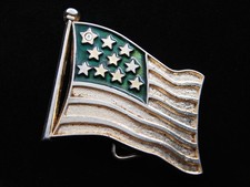 RG01129 VINTAGE 1970s PATRIOTIC USA FLAG ARTWORK GOLDTONE BELT BUCKLE