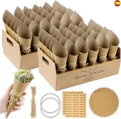 VORHOT 60 Piezas Conos Arroz Boda, Soporte Cucuruchos de Papel Kraft con 2 - Imagen 1 de 7