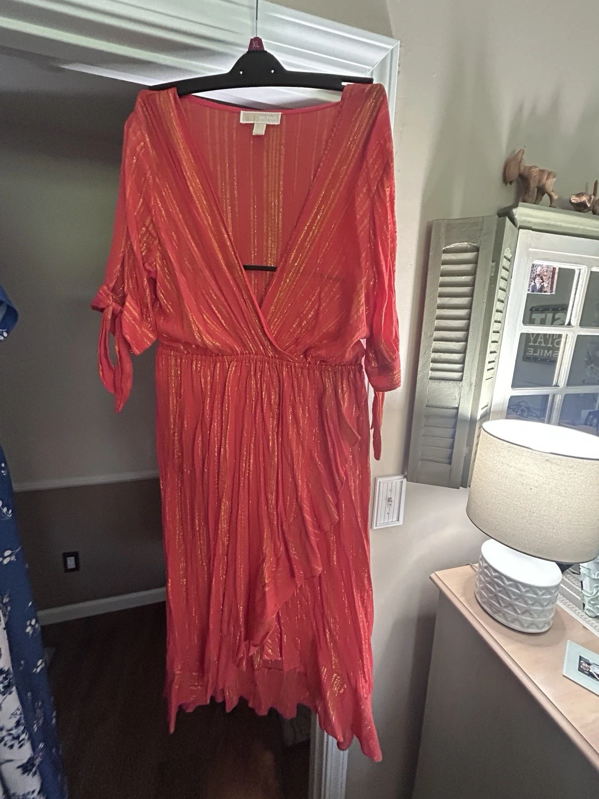 Abito estivo donna Michael Kors arancione righe metallizzate scollo a V avvolgente taglia L nuovo senza etichette