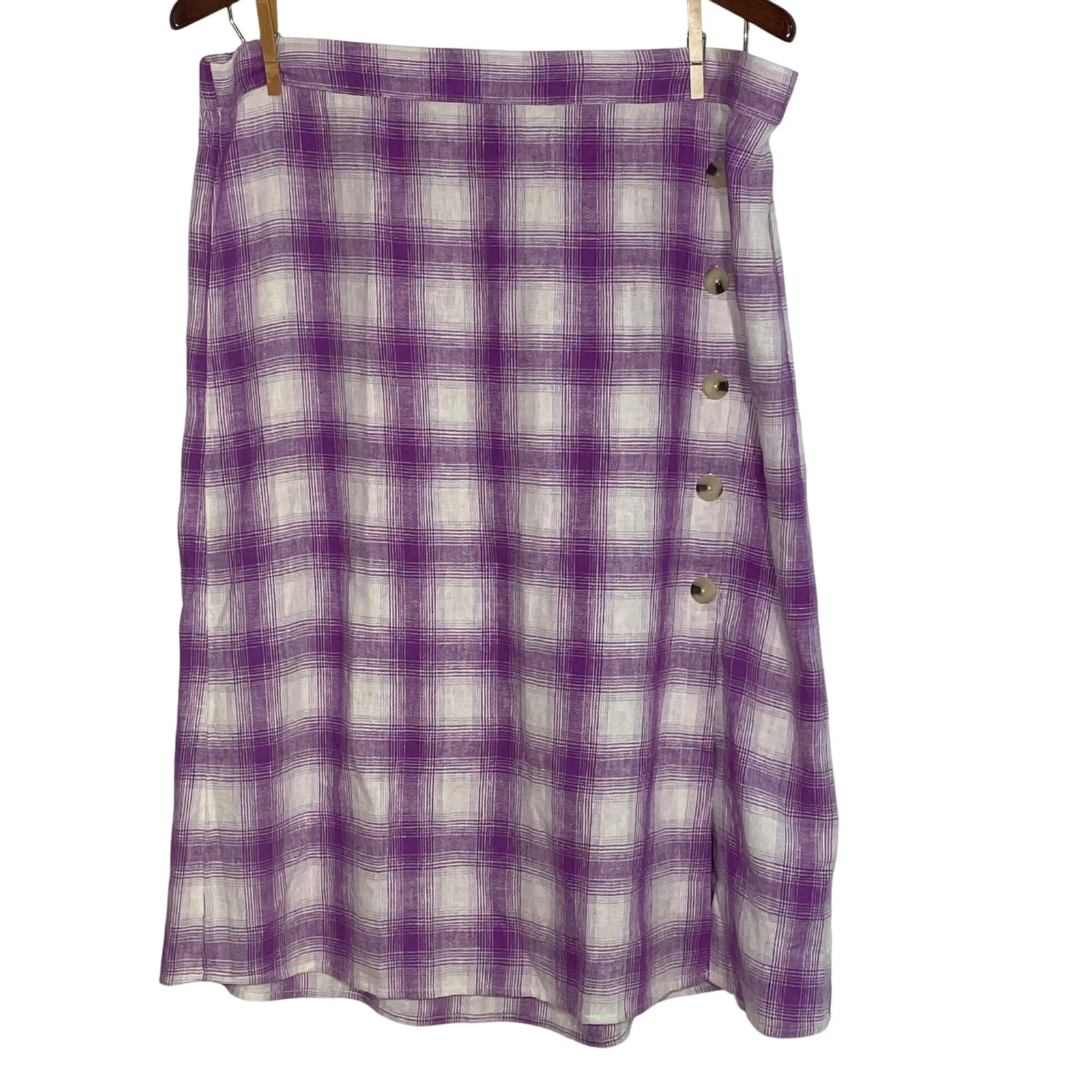 LOFT Outlet Plaid Linen Blend Pull On Midi Skirt Purple Sz XL Button Accent