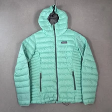 Patagonia Down Sweater Hoody Jacket Womens Small Green Hooded Puffer Coat Stains