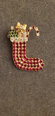 Vintage Christmas Stocking Red Rhinestones with Candy Cane and Tree