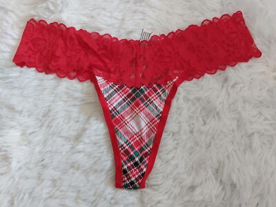 NWT   Victoria's Secret Lace Waist Cotton Thong Panty Red Plaid  Size M  L(301)