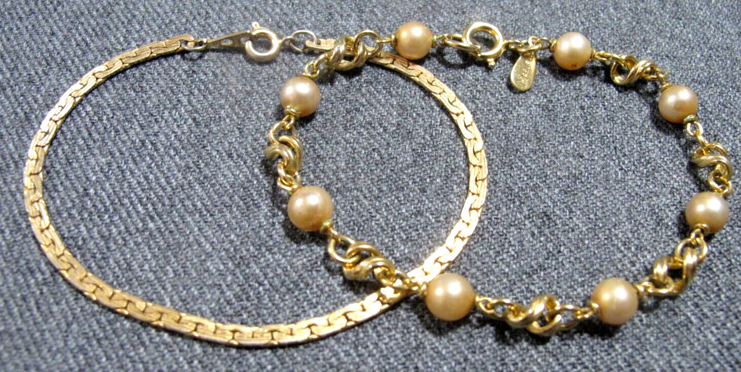 Vintage marked Marvella faux pearls + unbranded chain goldtone strap bracelets