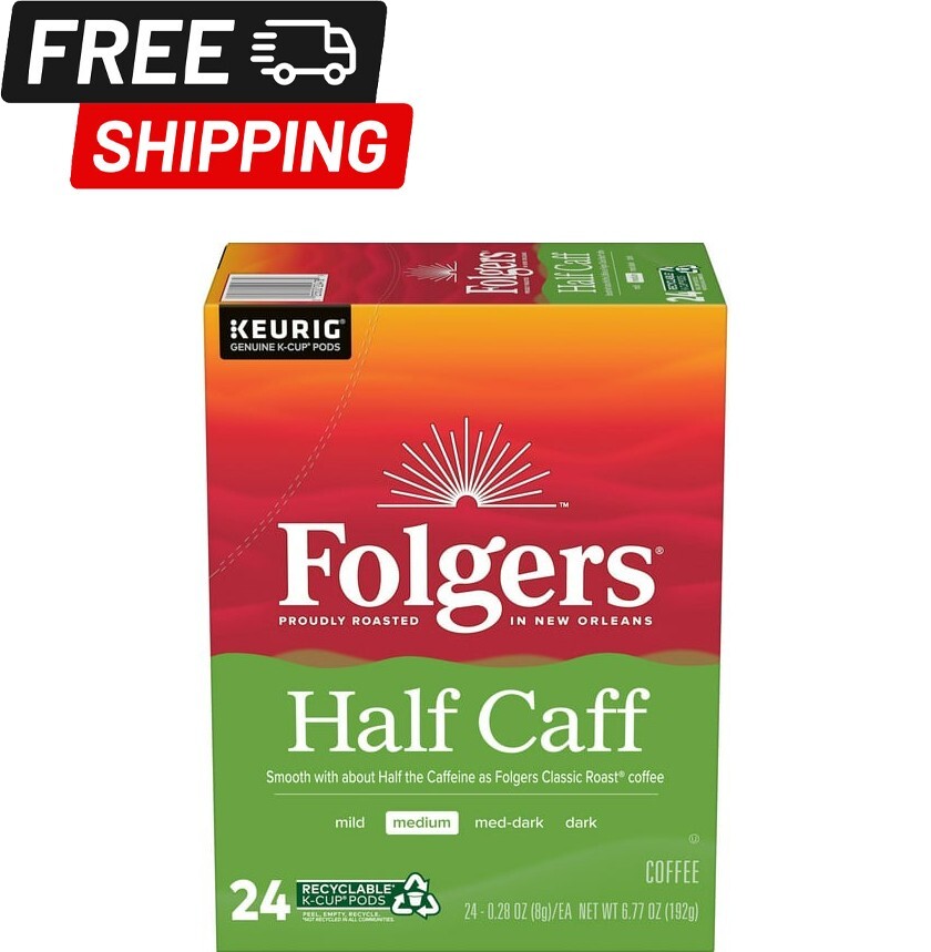 Folgers 1/2 Caff Coffee, Medium Roast Coffee, Keurig KCup Pods, 24