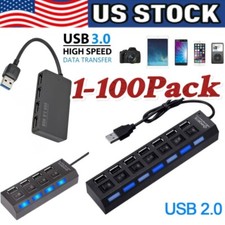 USB Hub 7 Port On/Off Switch High Speed Splitter AC Adapter Cable PC Laptop Lot
