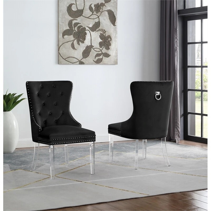 Leah Black Tufted Velvet with Acrylic Leg Dining Chairs Set of 2