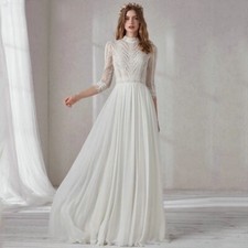 Boho 3/4 Sleeve illusion Chiffon Lace A Line Bridal Gown Wedding Dress