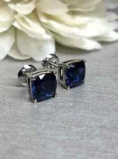 4Ct Cushion Cut Lab Created Blue Sapphire Diamond Stud Earring 14K White Gold FN